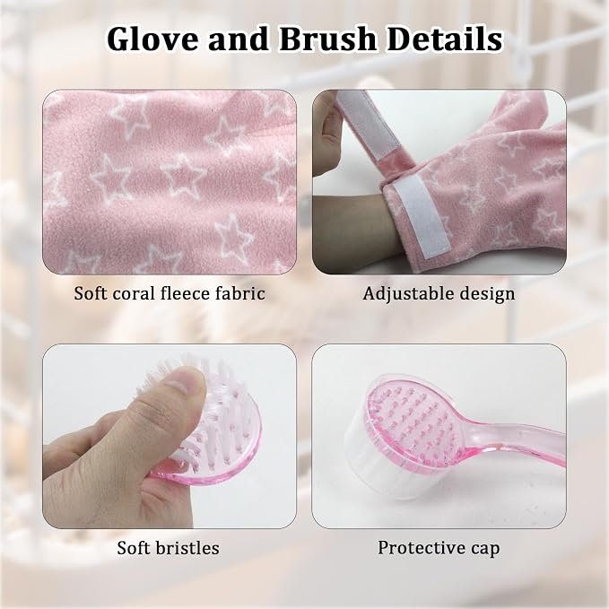1Pcs Hamster Bite Proof Glove and Grooming Brush Set, Adjustable Hamster Glove, Lid Soft Cleansing Brush Massage Combs, Guinea Pig Brush, Hamster Care Set for Hamsters, Ferrets, Hedgehogs (Pink Stars)