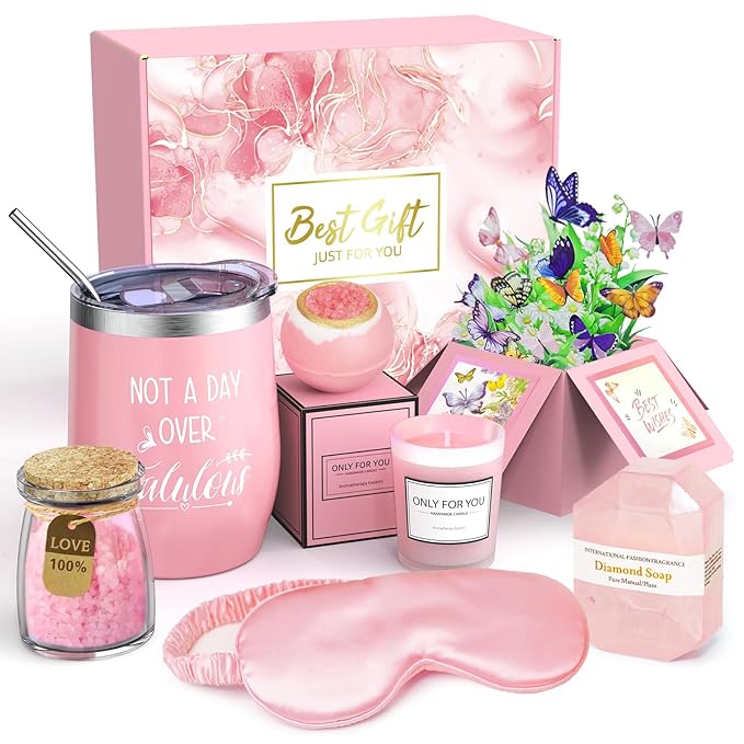 Spa Gift Basket with Bath Essentials- Pink Rose Relaxation Kit Set, Spa Items Box for Christmas Bosses day Holiday Bithday Thanksgiving Women, Wife, Mom, Sister, Girlfriend