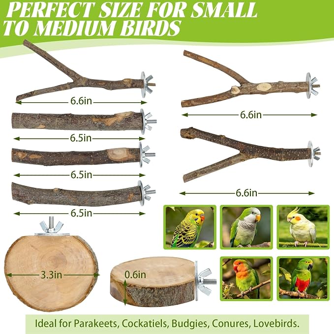 8 Pcs Natural Wood Bird Perch Set for Parakeets & Budgies | Ideal for Small/Medium Birds (Budgies, Conures) | Bark Textures for Foot Health | Tool-Free Wing-Nut | Safe Chewing