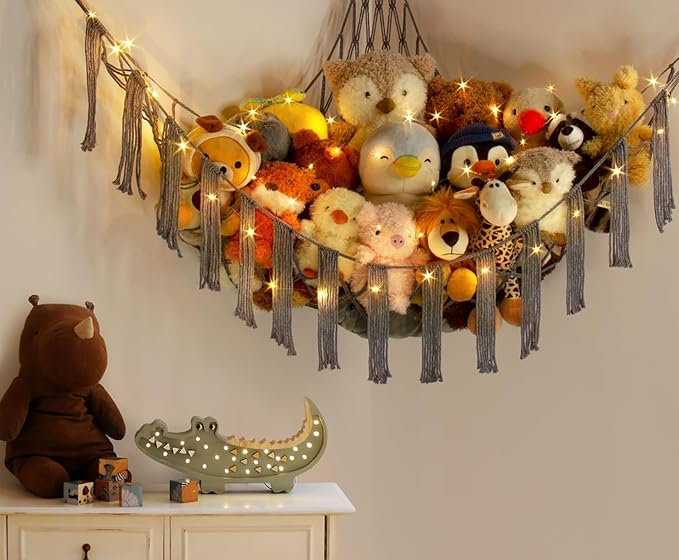 RelaxScene Stuffed Animal Storage Hammock Corner X-Large with LED Light - Baby Hammock Hanging Holder Plushies Net for Stuff Animals Organizer - Cute Room Decor Aesthetic Kids Toddler Nursery Bedroom