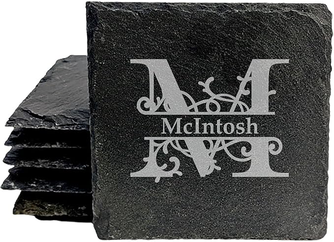 Nature's Touch: Personalized Slate Coasters with Vine Monogram - Square Slate - Set of 8