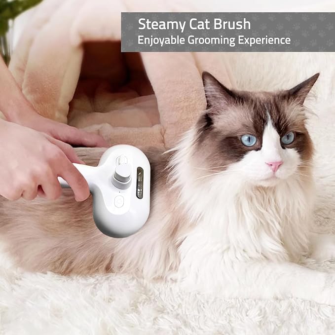 Bunny Ferret Steam Brush Release Button Self Cleaning Spray Comb for Long and Short Hair Cats Rechargeable Steaming Cat Grooming Brush Steamer to Remove Loose Hair (White)