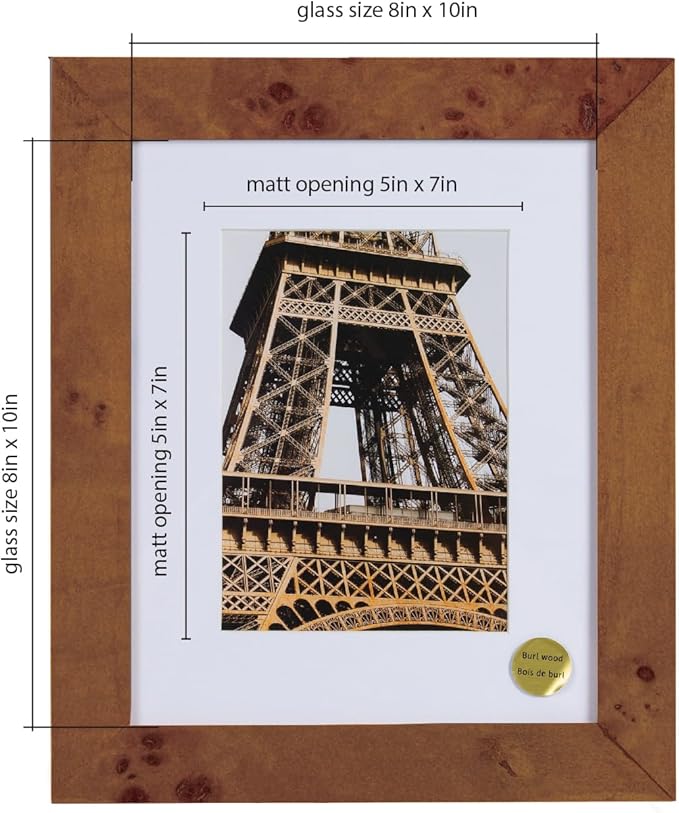 Concepts DHD, Burl Wood Picture frame, Wallhung Or Tabletop Décor In Bulk, Table Or Wall Photo Collage (8x10 matted to 5x7, 4 Pack)