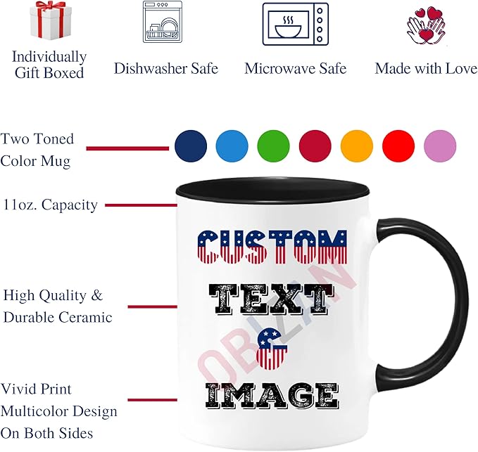 Custom Coffee Mug with Photo, Text, or Logo | Personalized Ceramic Mug 11oz | Customizable Gift for Men, Women | Unique Gift for Birthdays, Holidays, Christmas | White - Black