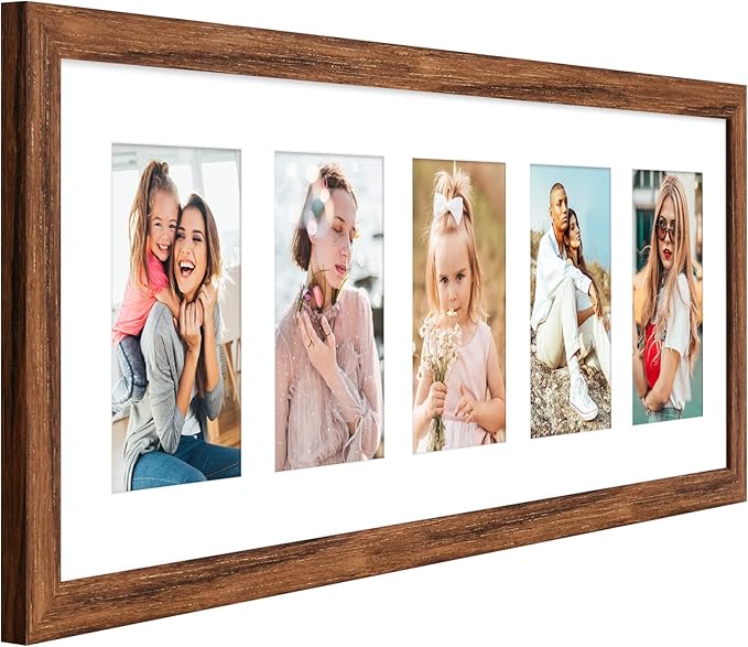8x24 Collage frame with 5 Openings 4X6 Pictures, Multiple Picture Frame with Mat, Wall or Tabletop Decor, Carbonized Brown Wood Grain,2 Pack