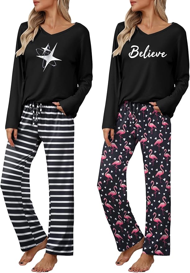 Ekouaer Womens 2 Pack Pajama Set Long Sleeve Pajamas Top and Pants V Neck Pjs Set Soft Loungewear with Pockets