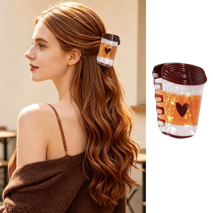 Coffee Cup Heart Hair Claw Clips Cute Brown Cup Acrylic Hair Clip for Women | Beverages Bottle Love Jaw Clip Strong Hold Hair Barrettes Fall Winter Hair Accessories Daily Holiday Party Styling Hair Clamp