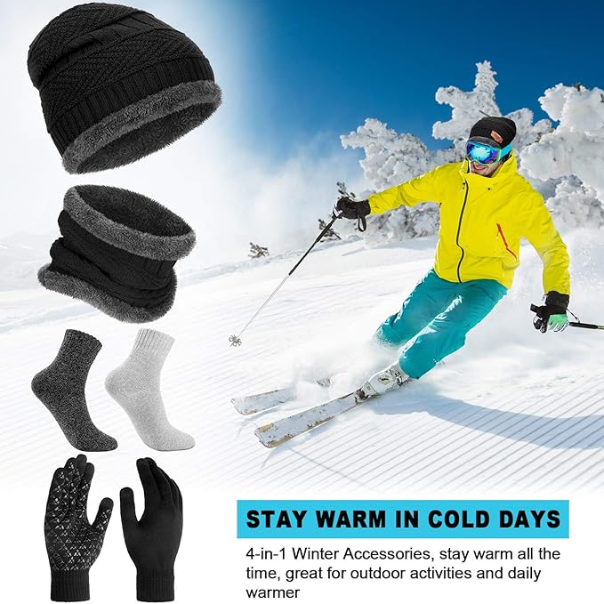 Winter Fleece Lined Beanie Hat Scarf Sock Touchscreen Gloves Set for Men Women