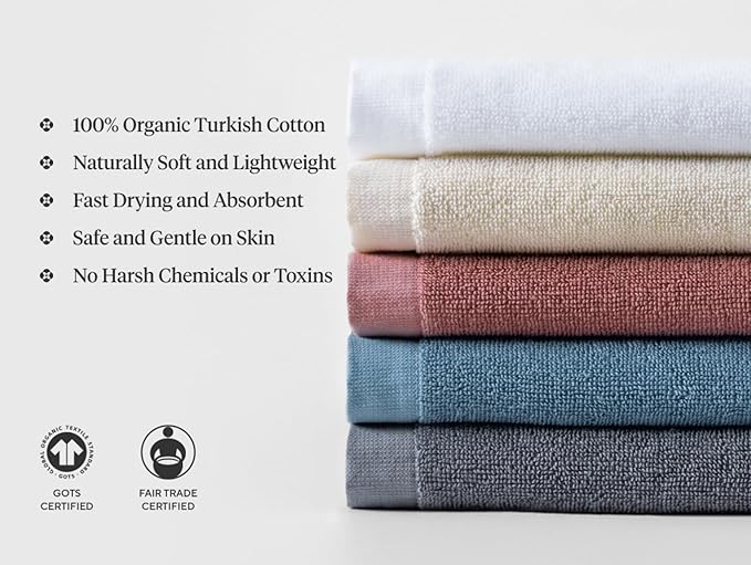 Coyuchi Classic Organic Cotton Terry Bath Towels, 6-Piece Towel Set, Plum Blossom, Quick-Dry, Highly Absorbent, Soft, Lightweight, 100% GOTS Certified, 2 Hand Towel, 2 Bath Towel, and 2 Washcloth