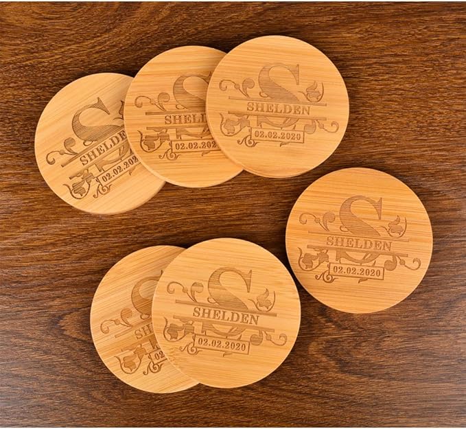Personalized Bamboo Coasters, Custom Engraved Monogram Coasters with Holder, Great Gifts for Relatives, Friends or Yourself (Set of 6)