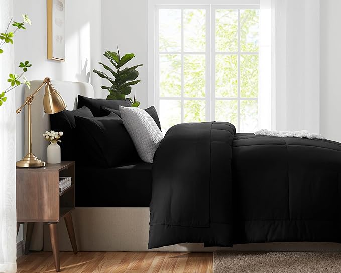 CozyLux Twin XL Comforter Set Black, 5 Pieces Twin Extra Long Bed in a Bag for College Dorm, All Season Bedding Set with Stitch Quilted Comforter, Flat Sheet, Fitted Sheet, Pillowcases