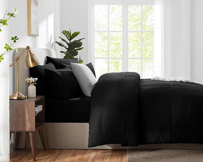 CozyLux King Size Comforter Set Black, 7 Pieces Bed in a Bag, Black Comforter King Size, All Season Bedding Sets with Stitch Quilted Comforter, Flat Sheet, Fitted Sheet, Pillowcases