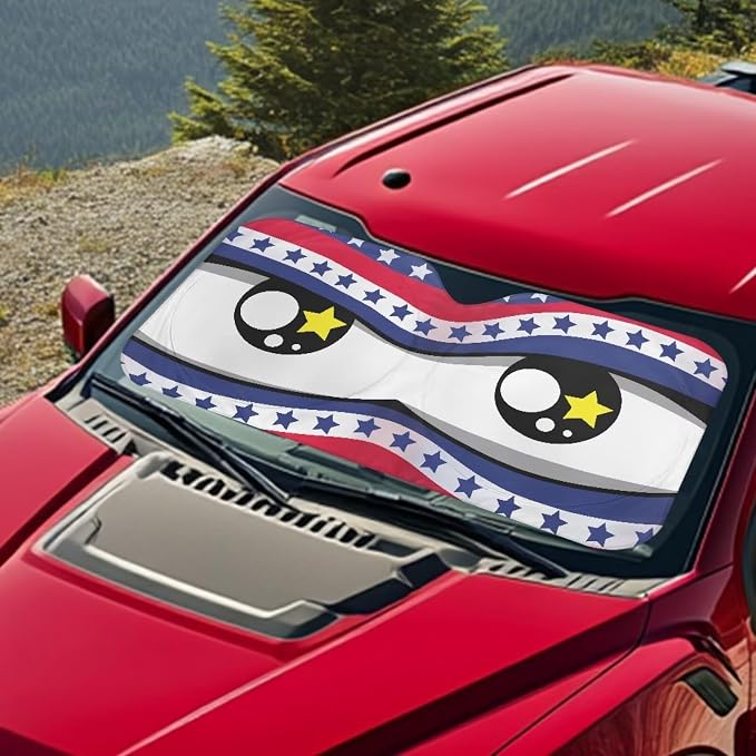 Cute Big Eyes Car Front Windshield American Flag Sun Shade Block UV Rays Sun Shade for UV Protection Foldable Front Window Cover Sun Visor Protector Accessories for Cars Truck SUV