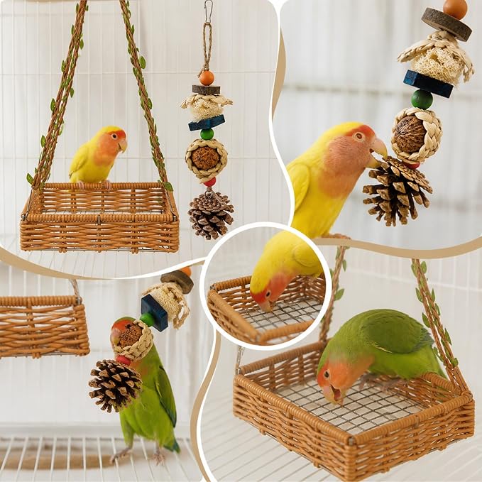 Bird Toys, Natural Parrot Chew Toy with Hanging Foraging Basket Hammock, Bird Shredding Foraging Toys for Parakeet Cockatiel Conure Cage Accessories