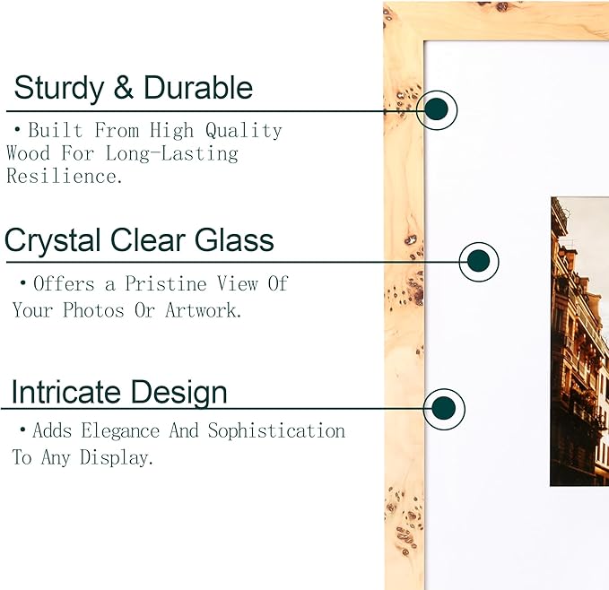 Concepts Set Of 4-16x20 Matted to 11x14 and 8x10 Burl Wood Picture Frames - Natural Wood Finish Picture Frames for Family Photos - Elegant Wallhung Decor in Bulk