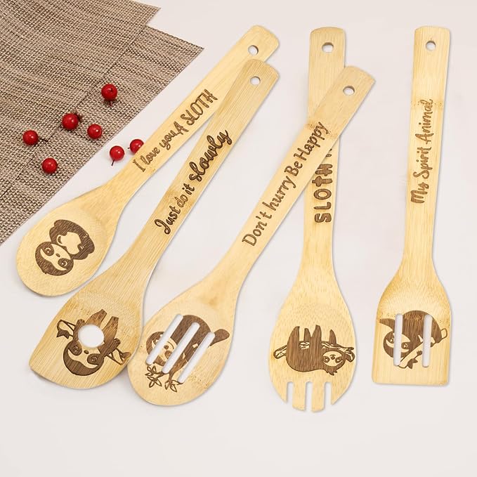 5PCS Sloth Wooden Cooking Spoons Set Bamboo Cooking Spoons | Sloth Kitchen Decor Housewarming Wedding Kitchen Gift Sloths Themed Gifts for Women Animal Lovers