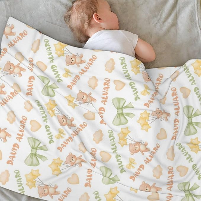 Ship Next Day Personalized Baby Blanket, Printed in USA - Custom Name Toddler Blanket with Plush Bear Pattern, Personalized