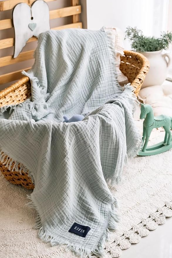 Muslin Swaddle Blankets, 4 Layer Baby Blue Swaddle Blanket - 100% Organic Turkish Cotton Baby Blanket, Swaddles for Newborns, Baby Wrap for Boys - Girls - Perfect