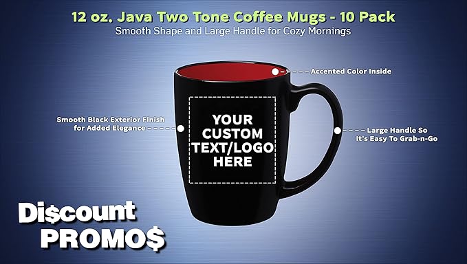 DISCOUNT PROMOS 10 Java Two Tone Coffee Mugs Set, 12 oz. - Customizable Text, Logo - Stoneware, Durable, Easy Grip - BLACKRED