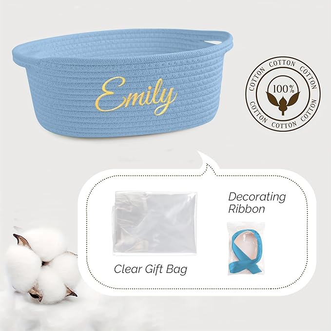 HUTARIO Personalized Woven Basket Embroidered Name with Gift Bags and Ribbons,Empty Small Rope Basket，Durable Storage Custom Blue Basket with Handles for Baby Showers or Christmas,12"×8"×5"