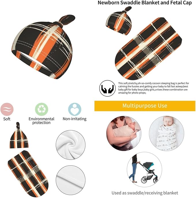 Christmas Baby Swaddle Blanket and Hat Set for Newborn Boys Girls Soft Infant Wrap Sleep 0-6 Months Buffalo Plaid Orange