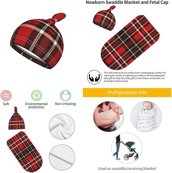 Christmas Baby Swaddle Blanket and Hat Set for Newborn Boys Girls Soft Infant Wrap Sleep 0-6 Months Buffalo Plaid