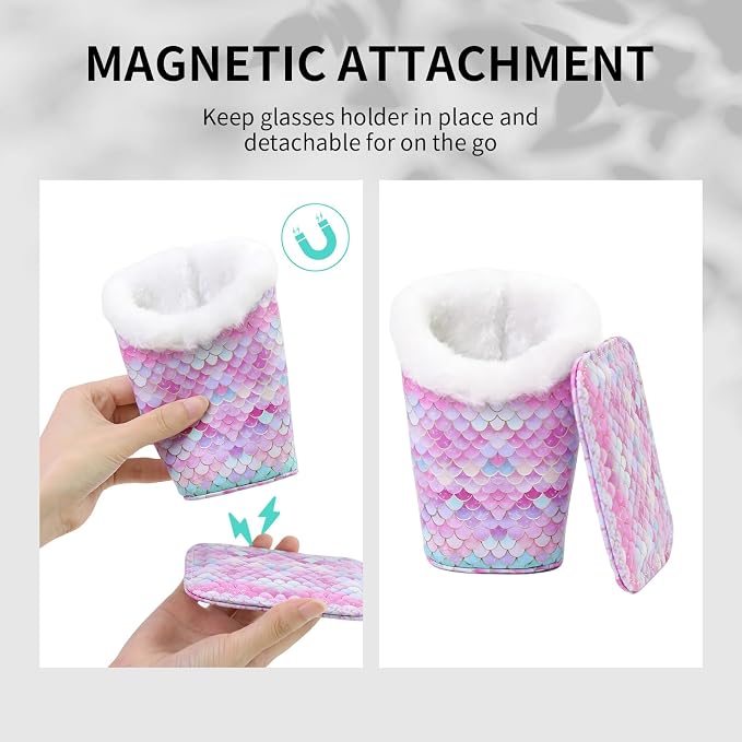 Plush Lined Eyeglasses Holder, Cute Magnetic PU Leather Glasses Stand Case for Women Men Kids