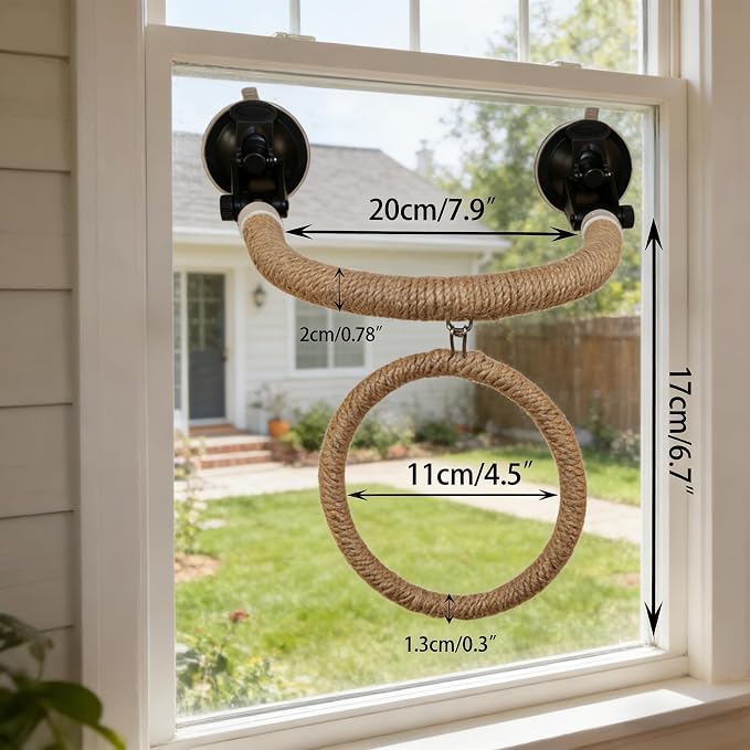 Natural Flax Bird Perch Window Stand, Strong Suction Cups Bird Window Perch | Movable Parrot Training Perch for Window Mirror Car Tiles | Universal for Budgie Cockatiel Conure (U-Shaped Perch + Swing)