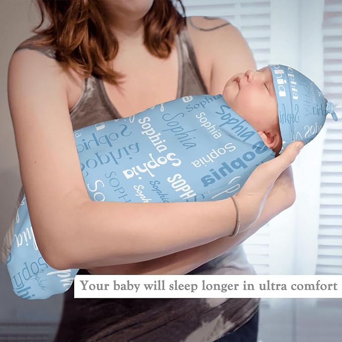 Newborn Swaddle Blankets Hat Name Lettering Blue Sets Soft Baby Receiving Blanket Swaddle Sack for Baby Shower Infant Boy Girl Gift