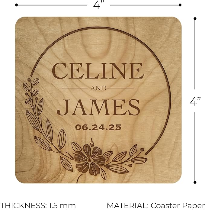 100 Pack Personalized Wedding Coasters, Custom Cardboard Coasters for Drinks with Photo Print and Text, Keepsake Wedding Favors and Gifts for Couples, 4x4 Square, Design 2