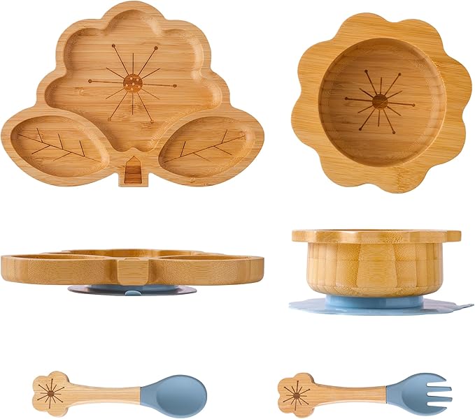 Bamboo Suction Plates Bowls Set for Baby Toddler - Includes Bamboo Bowl, Divided Plate, Silicone Fork & Spoon, All-Natural Baby Feeding Set for Baby-Led Weaning