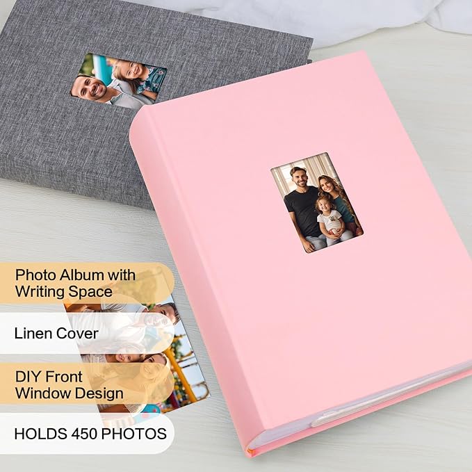 XFveivoo Photo Album 4x6 450 Photos with Writing Space,4 x 6 Photo Book Linen Cover with Front Window, 4x6 Picture Album 450 Photos Photo Album Book for Wedding Kids Travel Family Baby Pictures, Pink