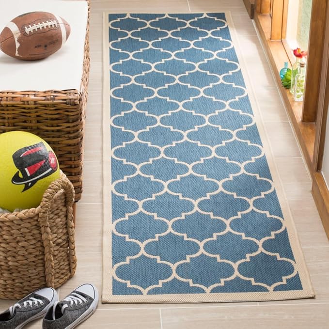 SAFAVIEH Washable Rug Outdoor Courtyard Collection - 2'3" x 6'7" Runner, Blue & Beige, Non-Shedding & Easy Cleaning, Ideal for Patio, Entryway, Mudroom, Hallway, Kitchen (CY6914-243)