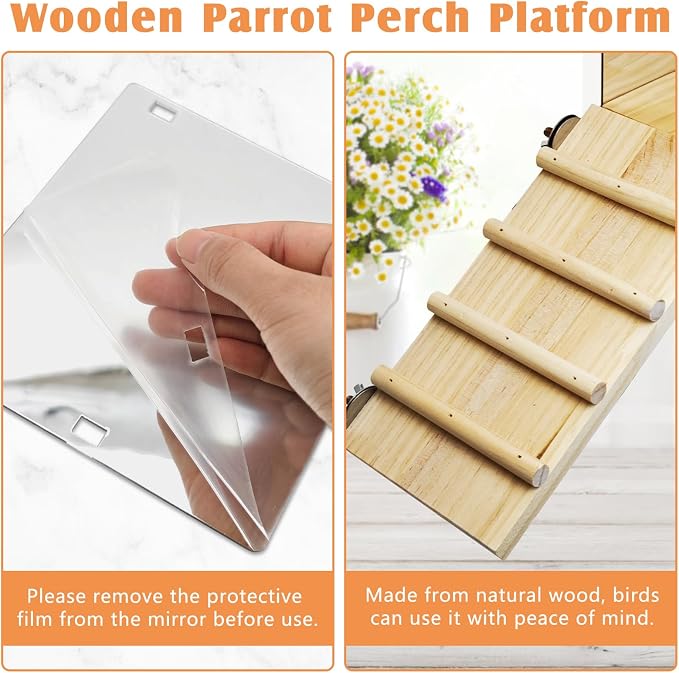 BNOSDM Bird Perch Platform with Mirror, Wooden Climbing Ladder for Parakeet, Small Bird Swing Toys Parrot Cage Accessories Budgie Playground for Cockatiel, Lovebirds, Conures, Finch