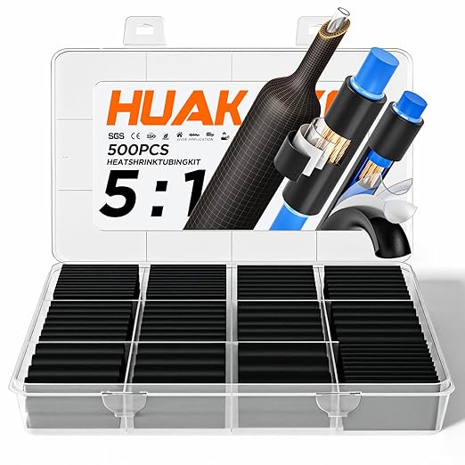 5:1 Heat Shrink Tubing Kit 500 PCS, Industry-Leading 5:1 Ratio Shrink Wrap Tubing Adhesive Lined, Heat Shrink Wire Connectors, Marine Grade Dual Wall, Waterproof Electrical Wire Tube Connectors(Black)