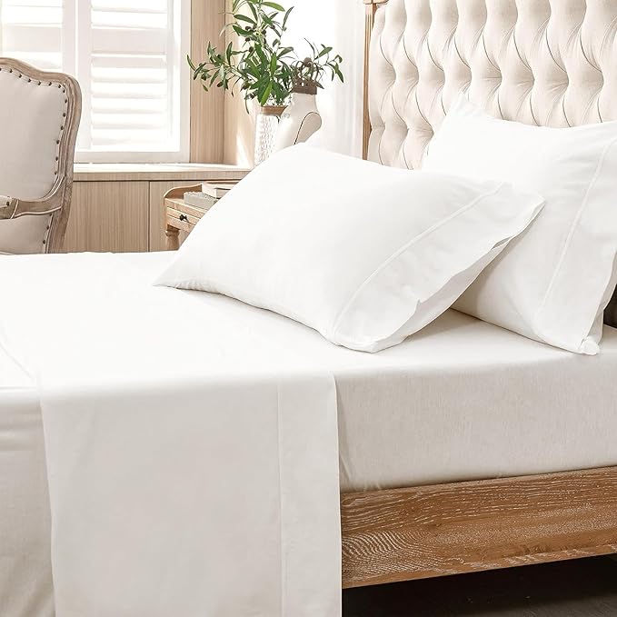 PURE ERA Jersey Knit 4pc Bed Sheet Set 100% T-Shirt Cotton Super Soft Comfy Breathable Fits Mattress Up to 20" Extra Deep Pocket (Solid Bright White, Cal King)