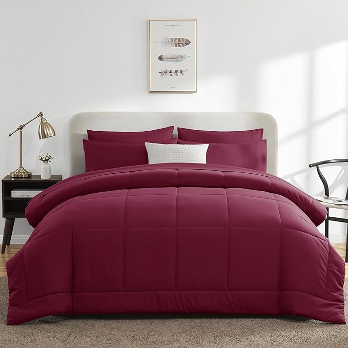CozyLux Full Size Comforter Sets Burgundy, 7 Pieces Bed in a Bag, Red Comforter Full Size, All Season Bedding Sets with Stitch Quilted Comforter, Flat Sheet, Fitted Sheet, Pillowcases