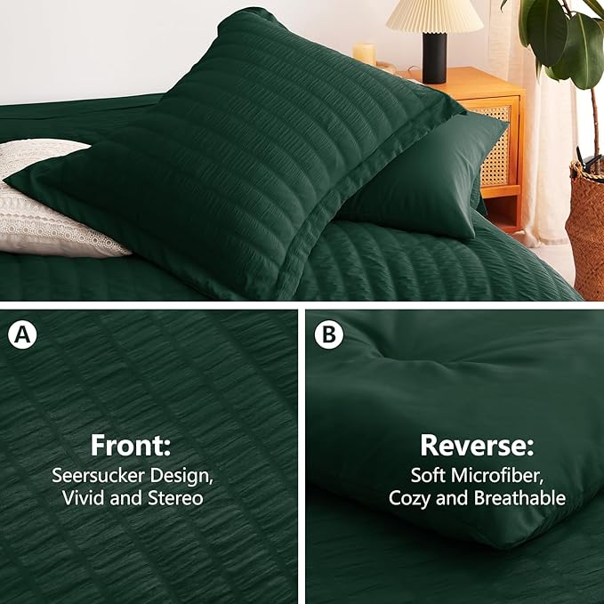 CozyLux King Size Comforter Set Emerald Green Seersucker 7 Pieces Bed in a Bag King Comforter Set with Sheets, Luxury Soft Bedding Set with Down Alternative Comforter, Sheets, Pillowcases & Shams