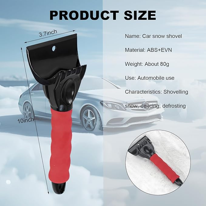Ice Scraper for Car Windshield, Scratch Free Foam Gripped Windscreen Snow Scraper Frost Ice Crusher, Winter Window Snow Shovel Frost Removal Tool for Car Small Trucks (Red)