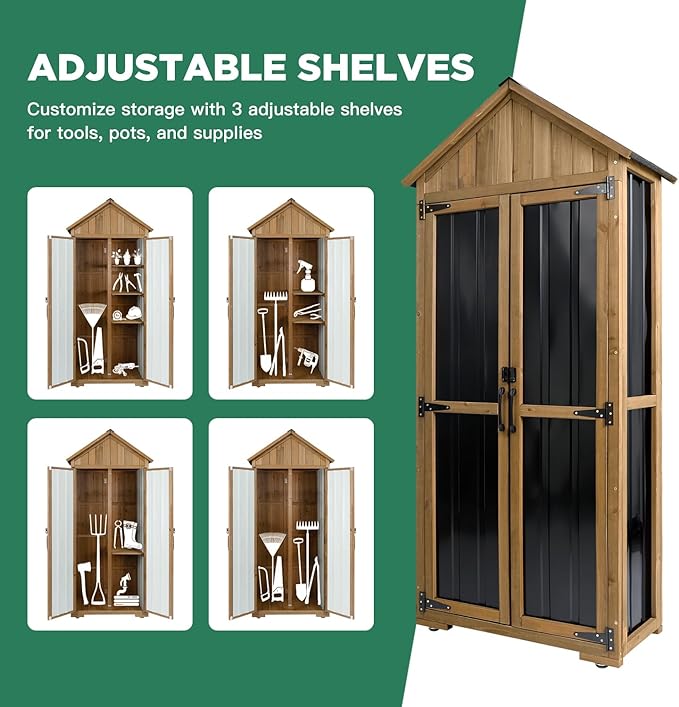 Ketive Outdoor Storage Cabinet, Wood & Metal Storage Shed with Weather-Resistant Roof, Adjustable Shelf, Lockable Doors & Adjustable Feet, for Garden, Patio, Backyard, 27.5" x 13" x 67"