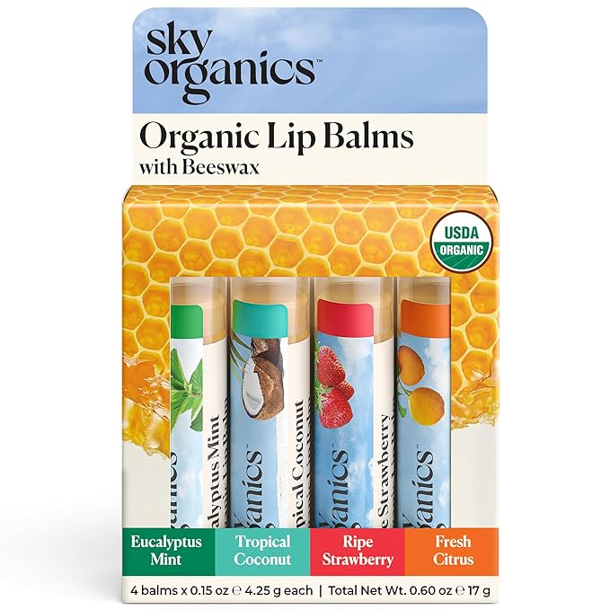 Sky Organics Organic Lip Balms With Beeswax for Lips, USDA Certified Organic, Four Assorted Flavors to Moisturize, Soothe & Soften, 4pk.