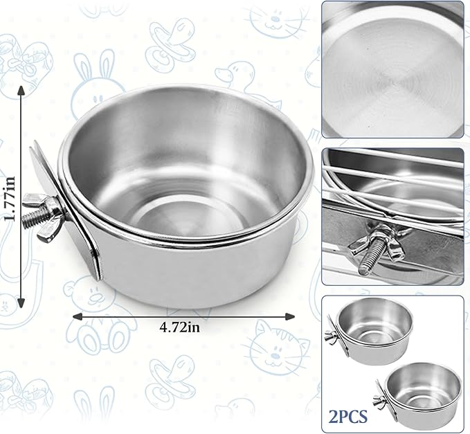 PINVNBY Parrot Feeding Cups Birds Food Dish Stainless Steel Parrot Feeders Water Cage Bowls with Clamp Holder for Cockatiel Conure Parakeet Macaw Small Animal (2PCS, Size: M)