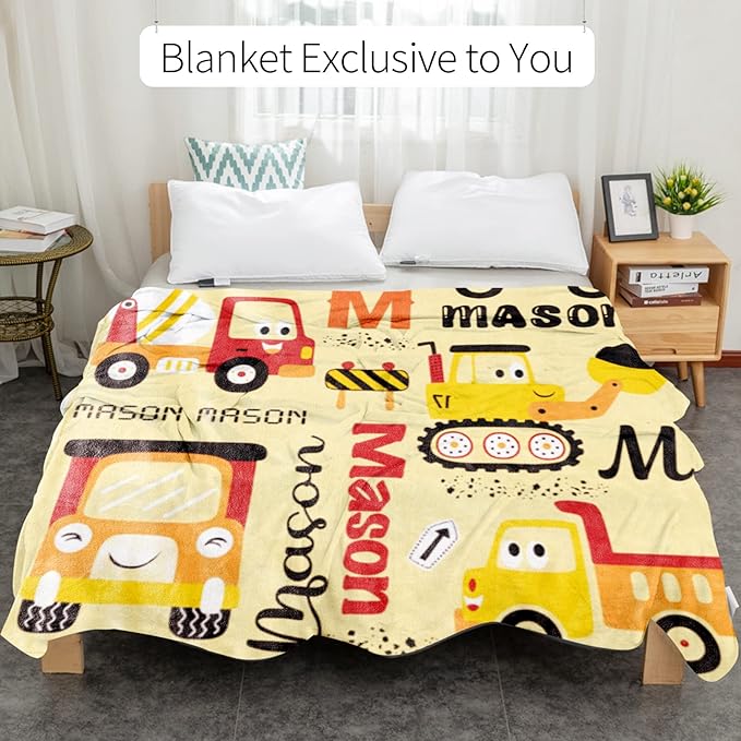 Personalized Construction Blanket with Name for Baby Boys Girls, Custom Truck Blanket Construction Vehicles, Soft Flannel Toddler Blankets Customized Gift for Newborn Baby Shower Birthday-30x40inch