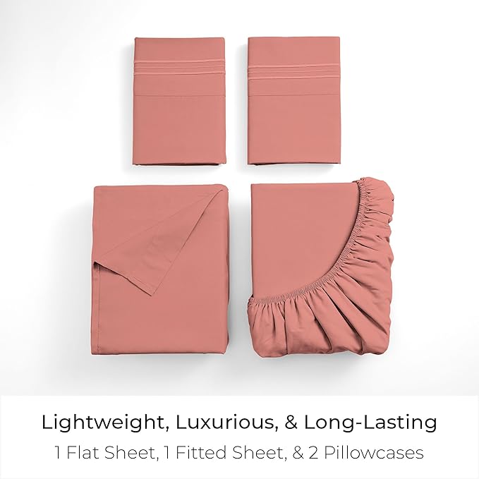 Mellanni Full Sheets Set - 4 PC Iconic Collection Bedding - Hotel Luxury, Extra Soft, Cooling Bed Sheets - Wrinkle, Fade, Stain Resistant (Full, Coral)