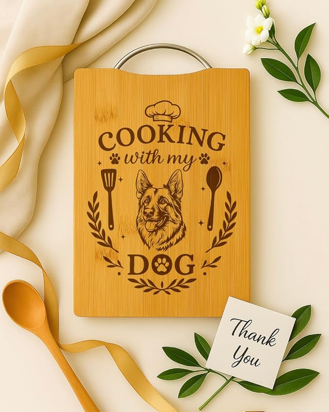 Bamboo Cutting Board, Engraved Dog Lover Gift, Handmade Home Decor – Cooking with My Dog (German Shepherd)