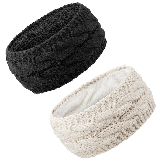 AQOKKA Knit Winter Headbands for Women Fuzzy Wool Fleece Lined Ear Warmers Elastic Turban Crocheted Head Wrap Winter Accessories for Women Cold Weather