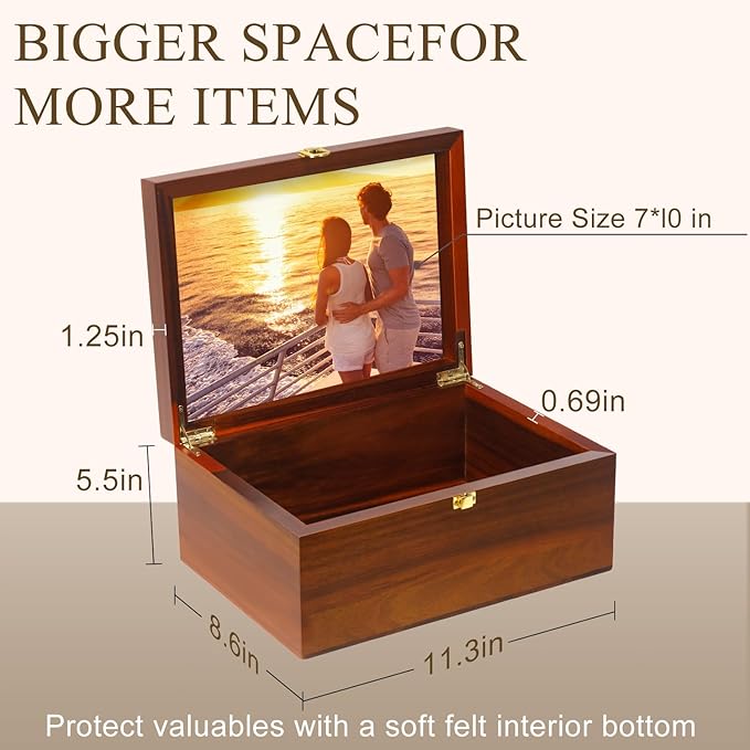 Large Wooden Keepsake Box with Hinged Lid and Photo Frame - Elegant Wedding Memory Box, Ideal for Photos, Letters, Time Capsules, Bride Gift, Decorative Storage，5.5“*8.6”*11.3“