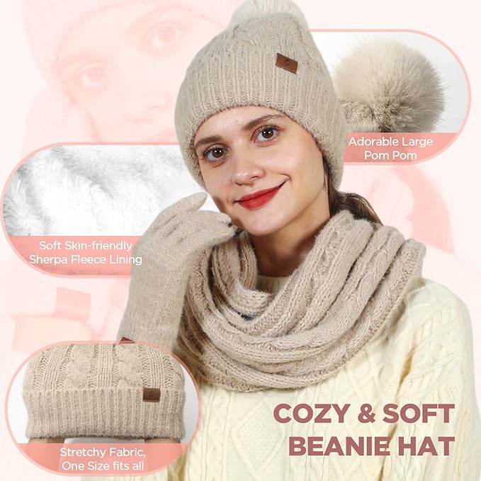 Womens Beanie Hat Infinity Scarf Touchscreen Gloves Fleece Headband 4 in 1 Winter Clothes Set Gifts for Women