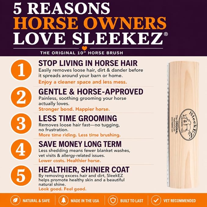 SleekEZ 10 Inch Horse Brush – Patented Horse Shedding Blade Made in USA - Removes Loose Hair & Undercoat - Deshedding Tool for Donkeys, Cows & Large Animals - Helps Reduce Seasonal Shedding