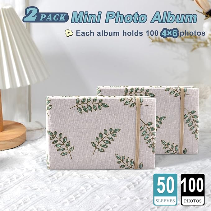 2PACK 4x6 Photo Album, 4x6 100 Pockets Linen Cover Photobook Small Capacity Pictures Book Easy to Classify and Portable for Wedding Family Baby Vacation (Khaki)